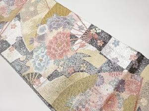 リサイクル　佐賀錦市松に扇・花々模様織出し袋帯